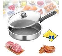 Genérico Honeycomb Non-Stick Stainless Steel Frying Pan, Stainless Steel Honeycomb Nonstick Fry Pan with Lid, No Coating Nonstick for Eggs Steak, Suitable for All Stoves (Silver,10 in)