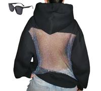 Genérico Hoodie Hollow Mesh Back Women,Sexy See Through Long Sleeve Sweatshirt,Crystal Mesh Hoodie with Pocket