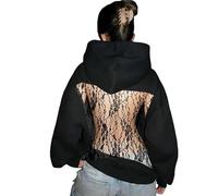 Genérico Hoodie Hollow Mesh Back Women's Open Back Sweatshirt with Loose Fit, Cropped Causal Hollow out Hooded Top with Pocket (Black2,M)