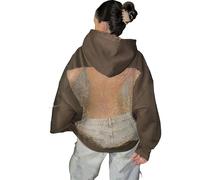 Genérico Hoodie Hollow Mesh Back Women's Open Back Sweatshirt with Loose Fit, Cropped Causal Hollow out Hooded Top with Pocket (Brown,M)