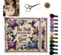 Genérico Hummingbird Garden Faith Cross Stitch Kit, Psalm 46:10 Faith-Based DIY Craft for Adults, Hydrangea Stamped Embroidery Set for Beginners,Includes Cloth Hoops Threads