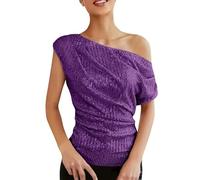 Genérico Humor Belga asimétrico hombro descubierto para mujer, parte superior plisada asimétrica con lentejuelas, corte entallado, camisa de noche con lentejuelas vestido de camiseta larga, morado
