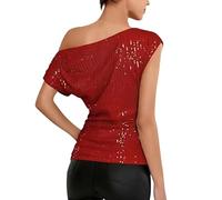 Genérico Humor Belga asimétrico hombro descubierto para mujer, parte superior plisada asimétrica con lentejuelas, corte entallado, camisa de noche con lentejuelas vestido de camiseta larga, rojo, XXL