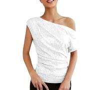 Genérico Humor Belga asimétrico hombro descubierto para mujer, parte superior plisada asimétrica con lentejuelas, corte entallado, camisa de noche con lentejuelas vestido de camiseta larga, blanco