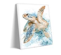 Genérico Impresión Lienzo Tortuga Marina Acuarela Arte De Pared Costero | Impresión soft-matte sobre tejido texturizado, ofrecida enrollada o tensada en bastidor interior de madera, matices acuáticos