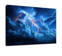 Genérico Impresión sobre lienzo fotográfico, pintura 140 x 70 cm, paisaje, marco de madera, decoración de pared, para sala de estar, dormitorio, cocina, color azul tormenta rayo mar nubes