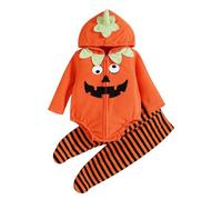 Genérico Infant Ragazzi Ragazze Manica Lunga Zucca di Halloween Cosplay Pagliaccetto Costume Morbido Pile con Cappuccio Tuta Calzini a Righe Pantaloni Pantaloni Abiti (d-Orange, 12-18 Months)