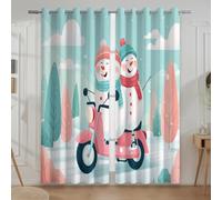 Genérico Invierno Muñeco de Nieve Motocicleta Viñeta Cortina con Estampado - Lavar a Máquina Cortinas Dormitorio con Ojales, Blanco, 180An x 200Al cm (2 Paneles)