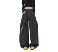 Genérico Jean Baggy Barrel para mujer, pantalones casuales de alta moda con pierna ancha, cómodos y elegantes para uso diario, Le Noir, XXL