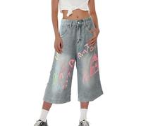 Genérico Jean corto mujer 4/5 cintura alta cpoe holgada impresa graffiti estilo occidental vintage ligero aireado Y2K streetwear Jeans holgados mujer pierna recta casual moda pantalones de trabajo