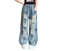 Genérico Jean Rasgado Chica Verano Moda Suelta Pantalones Largos Niño Adolescente Calle Recta Pierna Denim Elástico Cintura Exterior Actividades 4-18Y, azul celeste, 4-5 Años