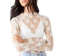 Générico Jersey de Manga Larga para Mujer, Cuello Subido, Floral, Transparente, Camiseta Transparente para Mujeres, blanco, S