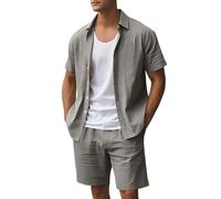 Genérico Juego De 2 Camisetas Para Hombre, Ligero Y Suave Camisas De Manga Corta de Algodón y Lino Con Cuello Vuelto Con Bolsillo Pantalones Cortos Verano Monocolor Beach Conjunto De Flores