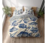 Genérico Juego de Funda de edredón, Beige Azul Denim, Funda Nórdica Cálida Sin Arrugas 220 x 240 + Funda de Almohada 2 x 80 x 80, con Cremallera, Microfibra Suave, Ilustración Concha Pez Caracola