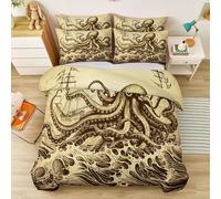 Genérico Juego de Funda de edredón Estampada 150 x 200 cm - Microfibra Retro Olas Pulpo Estampada Reversibles Funda nórdica, Marrón Fundas nórdicas sin Planchado