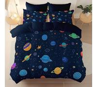 Genérico Juego de Funda Nórdica 3 Piezas, 220 x 240 cm Extra Suaves Transpirable Funda Nórdica con Dibujos Animados Planeta Garabatos Estampada, Azul Oscuro Comodidad Juego de Ropa con Cremallera