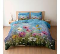 Genérico Juego de Funda Nórdica Reversible para Niños y Niñas, Diseño Acrílico Flores Silvestres florecer Hierba Cielo, Verde Azulado Claro - Funda de Edredón para Cama 90 + Almohadas, 180 x 220