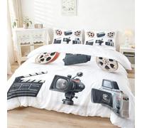 Genérico Juego de Fundas de edredón 3 Piezas 200 x 200 cm, Multicolor Microfibra Suave y Transpirable para Todo el año, Incluye 2 Fundas de Almohada diseño Retro Cine Celuloide