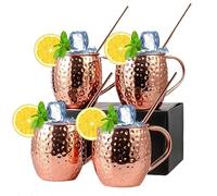 Genérico Juego de Tazas Cobre Moscow Mule con 4 Bañadas en Puro Pajitas para Cócteles - Vasos Beber Acero Inoxidable 18 oz Ideales Comer Reuniones y Regalos