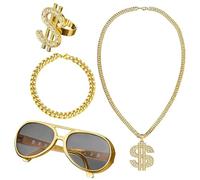 Genérico Kit de disfraz de hip hop - Collar de 23,6 pulgadas | Accesorios de metal PP - Gafas de sol hippie, pulsera, collar, para fiesta, disfraz, Halloween, cumpleaños, celebración, de cosplay