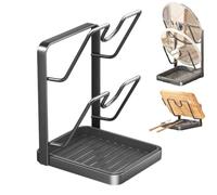 Genérico Kitchen Pot Lid Storage Rack & Spoon Rest,Countertop Pot Lid Organizer with Removable Drip Tray,Pots Lids Holder While Cooking,Storage Stand for Cutting Boards,Ladles,Spatulas (Gray-A)