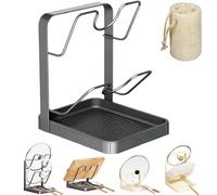 Genérico Kitchen Pot Lid Storage Rack, Stainless Steel Pot Lid and Spoon Holder with Removable Drip Tray, Multifunctional Kitchen Organizer Stand for Stovetop Space-Saving (Black,Double-layer)