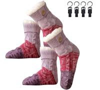 Genérico Knitted Ultra-Thick Slipper Home Socks, Tri-color Knit Patchwork Non-Slip Warm Winter Socks with Fleece Lined, for Winter (2pcs purple)
