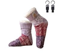 Genérico Knitted Ultra-Thick Slipper Home Socks, Tri-color Knit Patchwork Non-Slip Warm Winter Socks with Fleece Lined, for Winter (Purple)