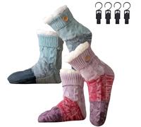 Genérico Knitted Ultra-Thick Slipper Home Socks, Tri-color Knit Patchwork Non-Slip Warm Winter Socks with Fleece Lined, for Winter (purple+blue)