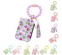 Genérico Ladies' Boho Style Wristlet Wallet Keychain with Beaded Tassel Decoration ID Bag Floral Print, Lightweight Feel Compact Size Soft Texture Pouch (Grapes)