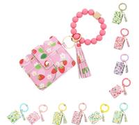 Genérico Ladies' Boho Style Wristlet Wallet Keychain with Beaded Tassel Decoration ID Bag Floral Print, Lightweight Feel Compact Size Soft Texture Pouch (Strawberry-A)