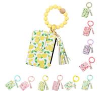 Genérico Ladies' Boho Style Wristlet Wallet Keychain with Beaded Tassel Decoration ID Bag Floral Print, Lightweight Feel Compact Size Soft Texture Pouch (Lemon-B)