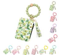Genérico Ladies' Boho Style Wristlet Wallet Keychain with Beaded Tassel Decoration ID Bag Floral Print, Lightweight Feel Compact Size Soft Texture Pouch (Avocado)