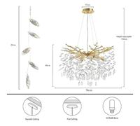 Genérico Lámpara de techo, Lámpara de araña rectangular moderna cristal negro con forma rama for mesa comedor, sala estar, lámpara colgante regulable for cocina o villa(D76CM H40CM,Gold)