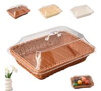 Genérico Large Handwoven Rattan-Style Bread Basket with Clear Acrylic Lid, Hand Woven Imitation Rattan Food Cover, Woven Wicker Bread Basket for Serving Snacks, Fruits And Vegetables. (BROWN,S)