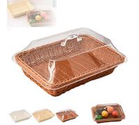 Genérico Large Handwoven Rattan-Style Bread Basket with Clear Acrylic Lid, Hand-Woven Rattan Food Covers - for Storing Fruits/Vegetables, Snacks, and Dried Fruits (Brown,S)