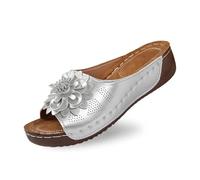 Genérico Las Elegantes Cuñas De Punta Abierta para Mujer con Parte Superior De Cuero Y Pantuflas De Flores Son Zapatos Cómodos Y con Temperamento (Silver 40)