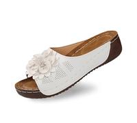 Genérico Las Elegantes Cuñas De Punta Abierta para Mujer con Parte Superior De Cuero Y Pantuflas De Flores Son Zapatos Cómodos Y con Temperamento (White 40)