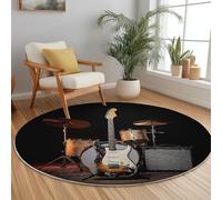 Genérico Lavable a Máquina Alfombra Redonda 90 cm Antideslizante, Realista Guitarra Batería Impresión Suave Alfombra Redonda para Dormitorio Sala de Estar Decoración del Hogar, Oscuro
