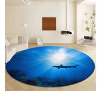 Genérico Lavable Alfombra Azul Redondas Diámetro de 90 cm, Alfombra Antideslizante Suave - Tapete Pelo Corto Imprimir Arrecife Coral Tiburón para Salón Dormitorio Hogar Decoración