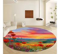 Genérico Lavable Alfombra Rojo Redondas Diámetro de 80 cm, Alfombra Antideslizante Suave - Tapete Pelo Corto Imprimir Estilo Pintura Óleo Plantas Flores para Salón Dormitorio Hogar Decoración