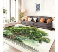 Genérico Lavable Navideña Alfombra de salón 160 x 230 cm, Suaves Alfombra Antideslizante con Acuarela Parque Plantas Robles Estampado para Sala de Estar Dormitorio Comedor - Verde Blanco