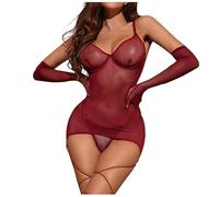 Genérico Lencería Mujer Transparente Lingerie San Valentin Women Lingerie Lace Set Nightwear Deep V See Through Three Points Style Cutout Nightwear Lenceria Mujer Sexy Camisón Y Camiseta (Red, XXL)