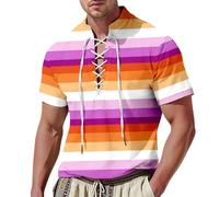 Genérico LGBT Camiseta de manga corta para hombre estampado arco iris para el mes del orgullo Camisa pirata hombre cuello en V, con cordones estilo retro vikingo medievales vintage disfraz pirata, D