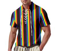 Genérico LGBT Camiseta de manga corta para hombre estampado arco iris para el mes del orgullo Camisa pirata hombre cuello en V, con cordones estilo retro vikingo medievales vintage disfraz pirata