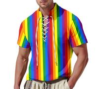 Genérico LGBT Camiseta de manga corta para hombre estampado arco iris para el mes del orgullo Camisa pirata hombre cuello en V, con cordones estilo retro vikingo medievales vintage disfraz pirata, G