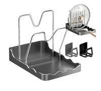 Genérico Lid Storage Rack, Pot Cover Holder, Integrated Drip Tray, Multifunctional Slot Design, Water Collection Function, Home Organization Category, Compact Grey Tool for Corner Sink Kitchen