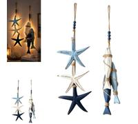 Genérico Lighted Coastal Wooden Starfish & Fish Hanging Decor,Beach Wall Decor with Warm LED, Nautical Wooden Wall Art with Fishs Design for Bathroom, Porch and Coastal Home Decors，Star and Fish