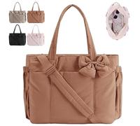 Genérico Lightweight Crush Bow Tote Bag for Women, Puffy Quilted Bow Tote Bags for Work, Travel, Beach, Shopping (Brown)
