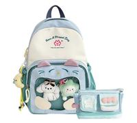 Genérico Linda Mochila Kawaii Cat Ita, Mochila Kawaii Y2K para Mujeres, Gran Capacidad Color Block con Estuche & Colgante, Mochila Escolar para Niñas (Blue)